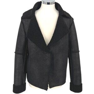 Velvet Faux Suede Sherpa Jacket Notch Collar Black Size Large